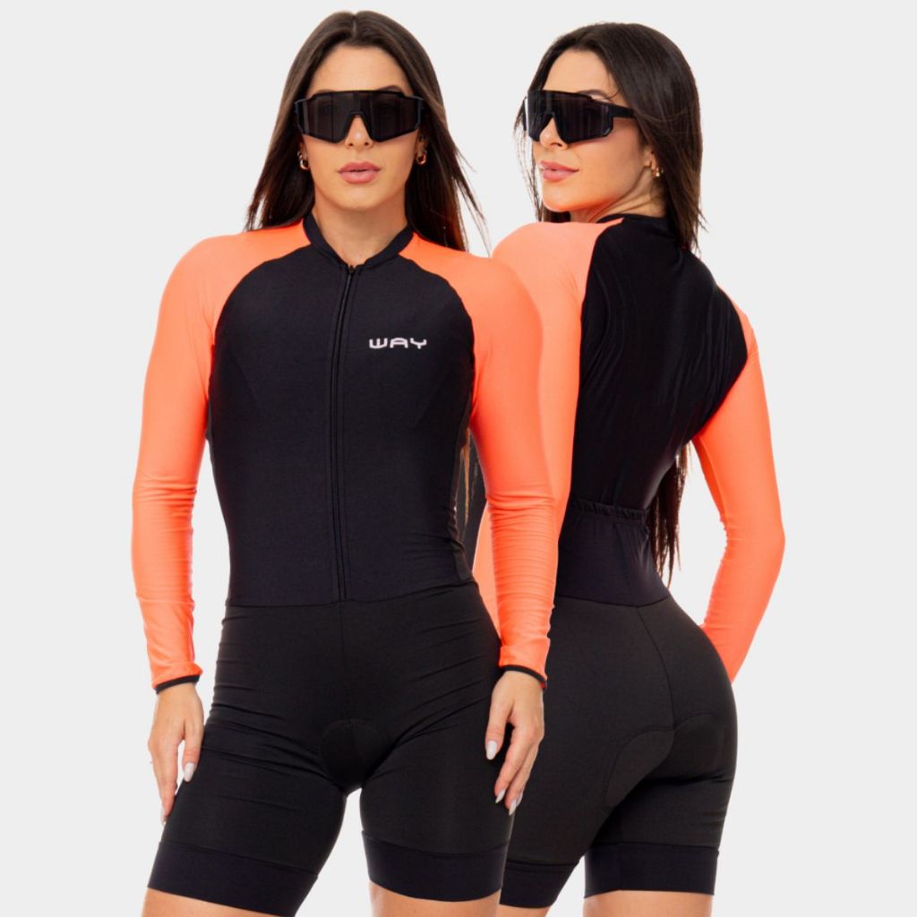 Macaquinho Ciclismo Feminino Manga Longa Preto com Laranja Acolchoado Slim Macacao Bike Mtb