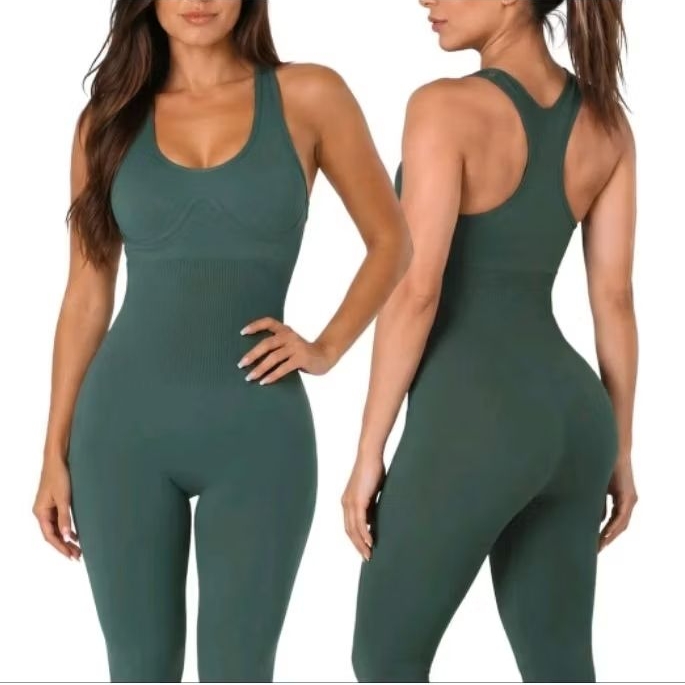 Macacão feminino canelado longo com bojo removível e modelador de cintura conforto para seus treinos