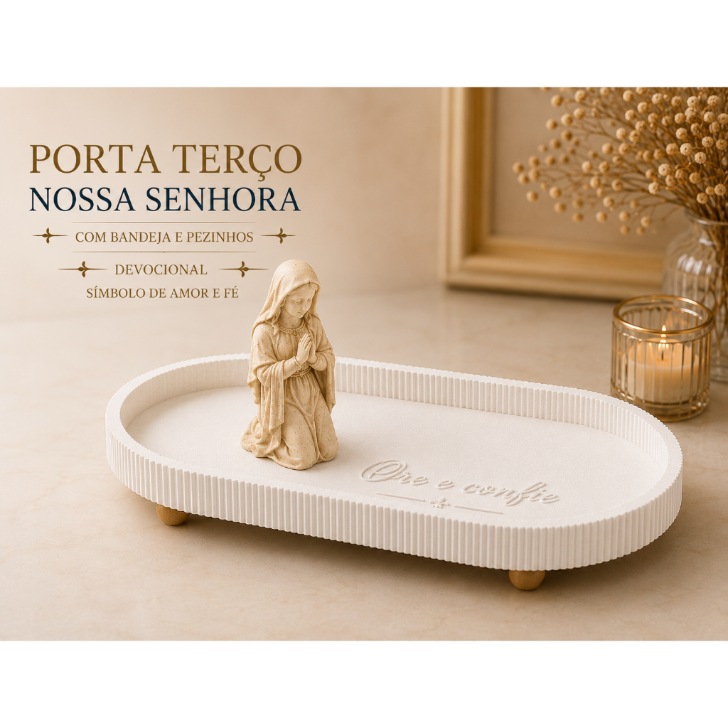 Porta Terço Nossa Senhora com Bandeja Oval Decorativa | Decoração Católica Religiosa