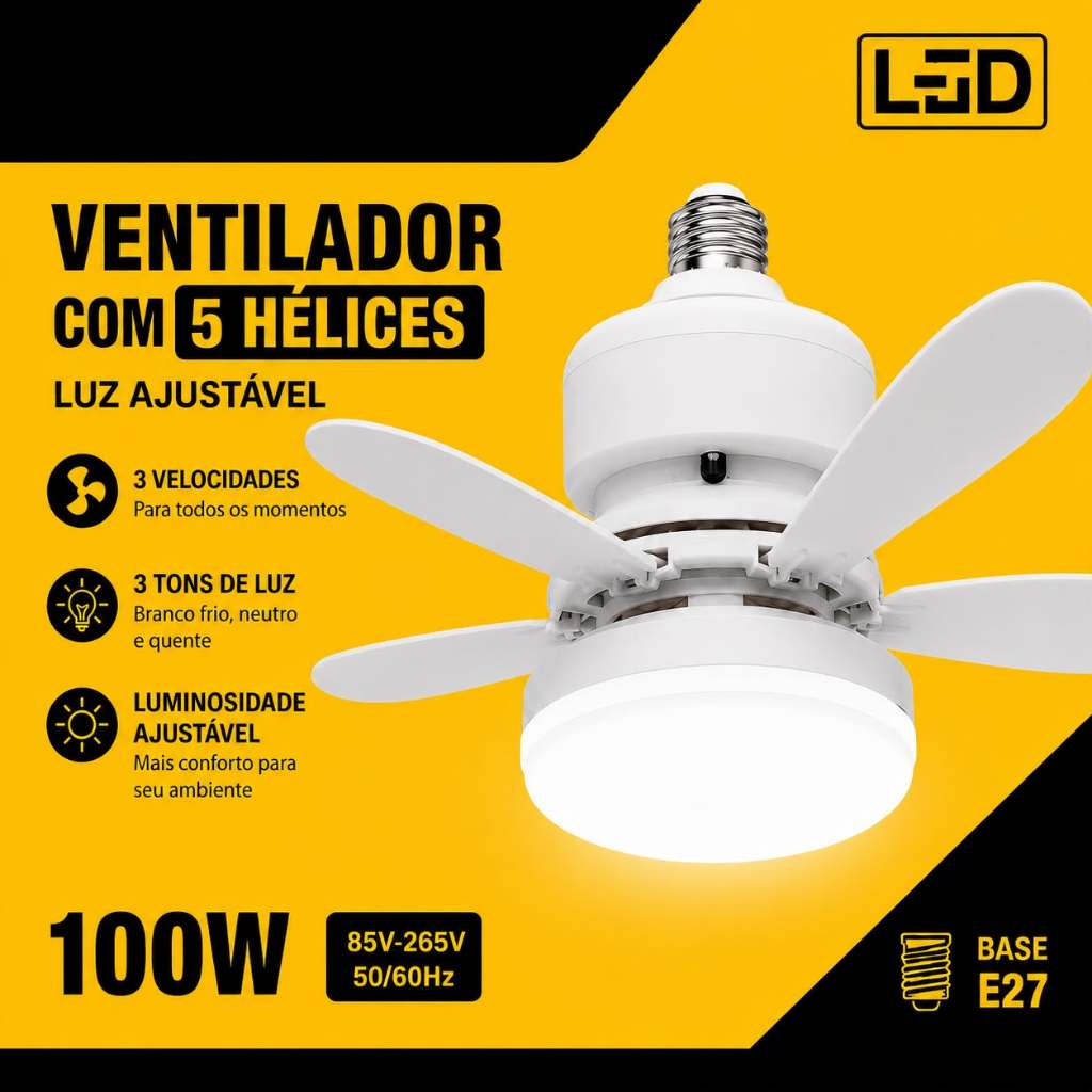 Ventilador de Teto E27 com LED Integrado 5 Pás Controle 3 Velocidades 3 Tons de Luz Ajustável Bivolt 85-265V