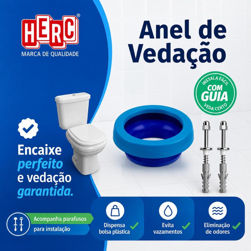 Anel de Vedação com Guia Herc + Par Parafuso de Fixação para Vaso Sanitário – Evita Vazamentos e Maus Odores