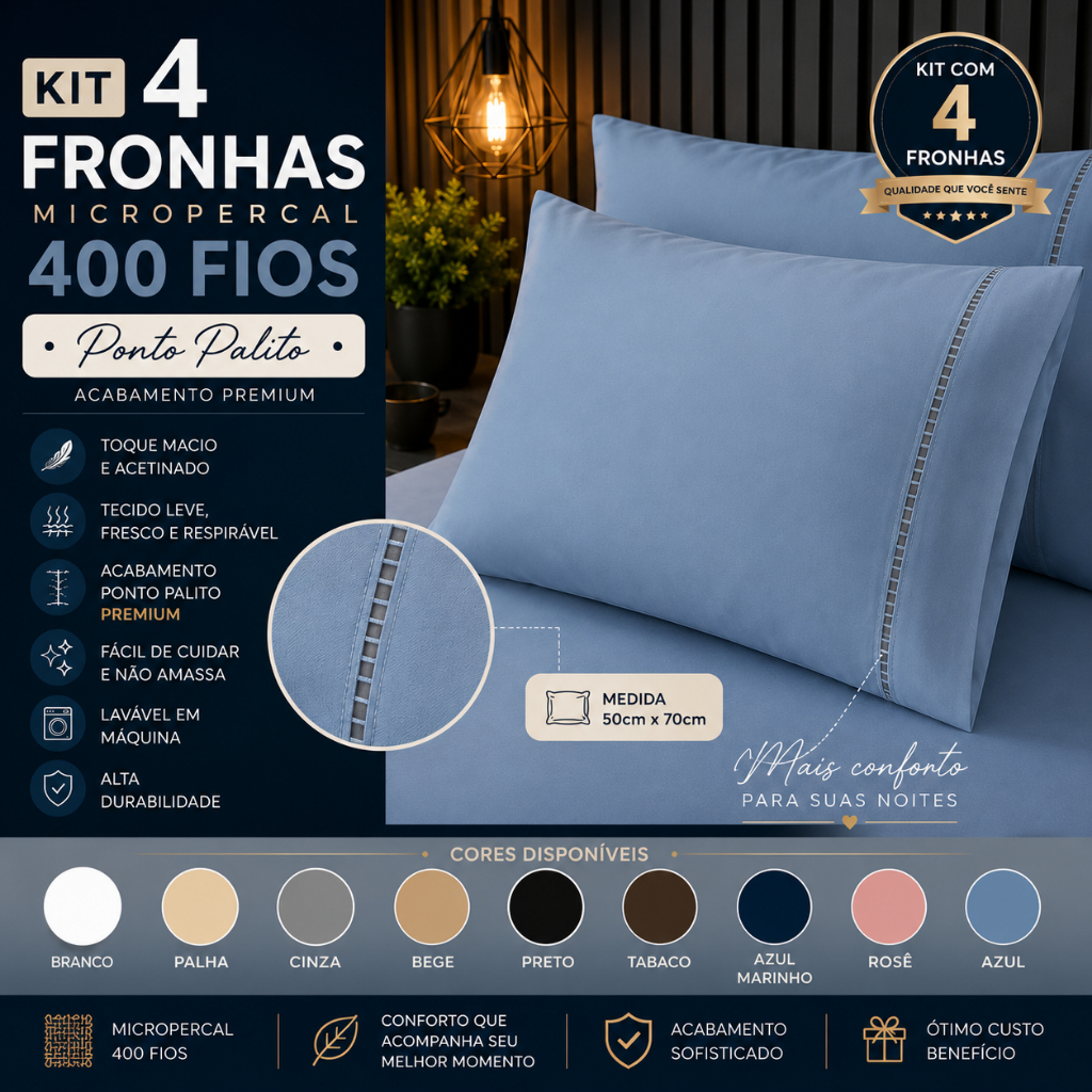 Kit 4 Fronhas Ponto Palito Premium 70cm x 50cm Micropercal 400 Fios
