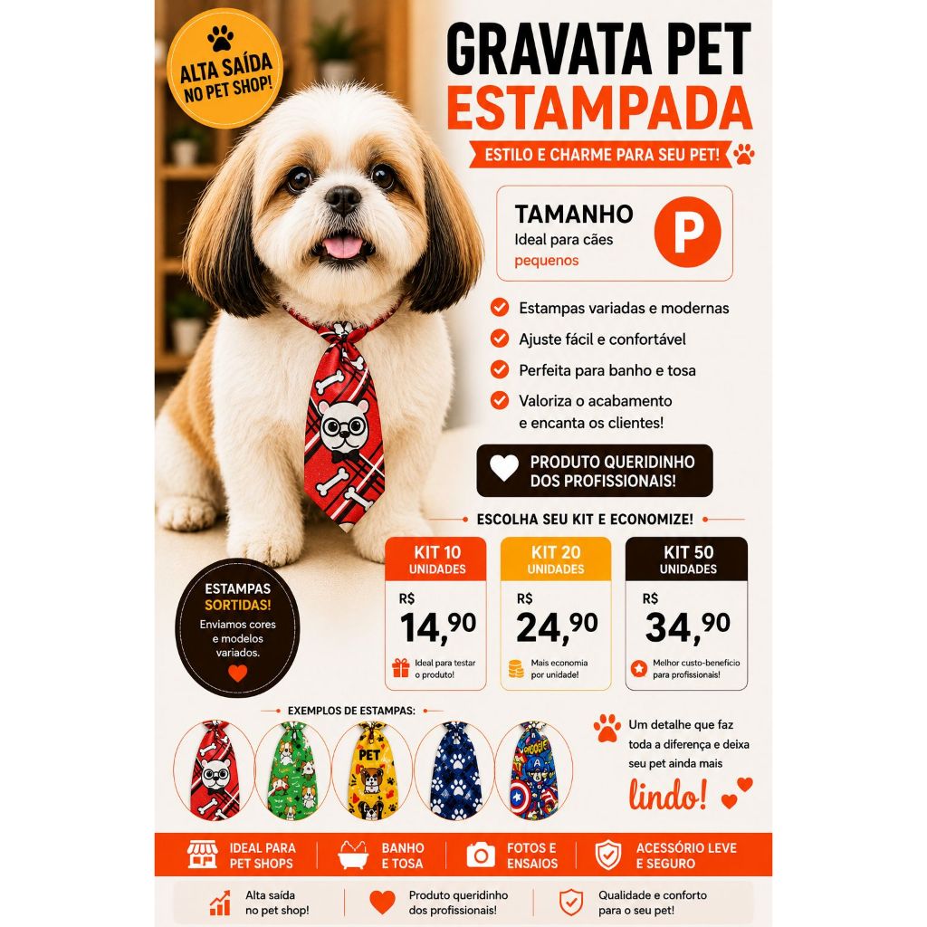 Gravata Pet Estampada Tamanho P Kit 10 20 50 Banho e Tosa Pet Shop
