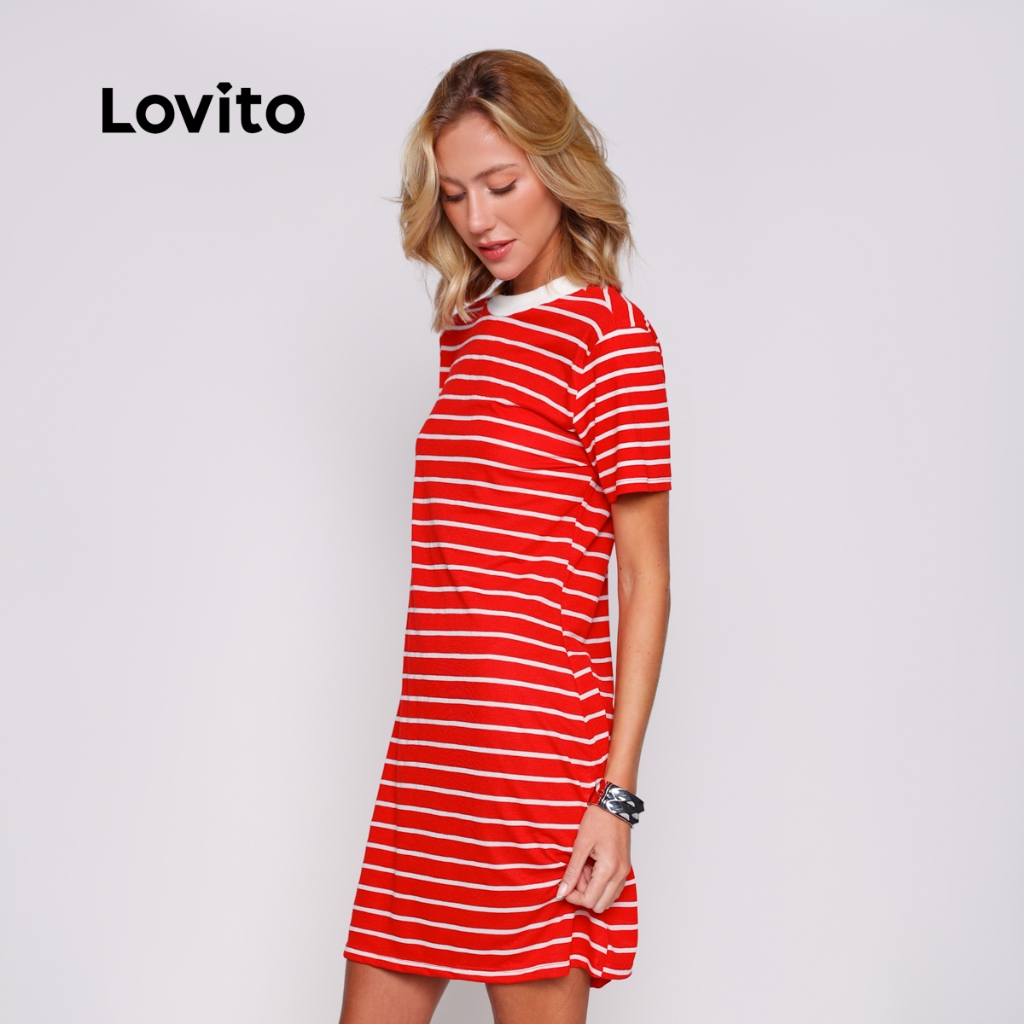 Lovito Vestido Curto Vermelho Gola Contrastante Feminino Listrado DRB1230BRL1260 · foto 2