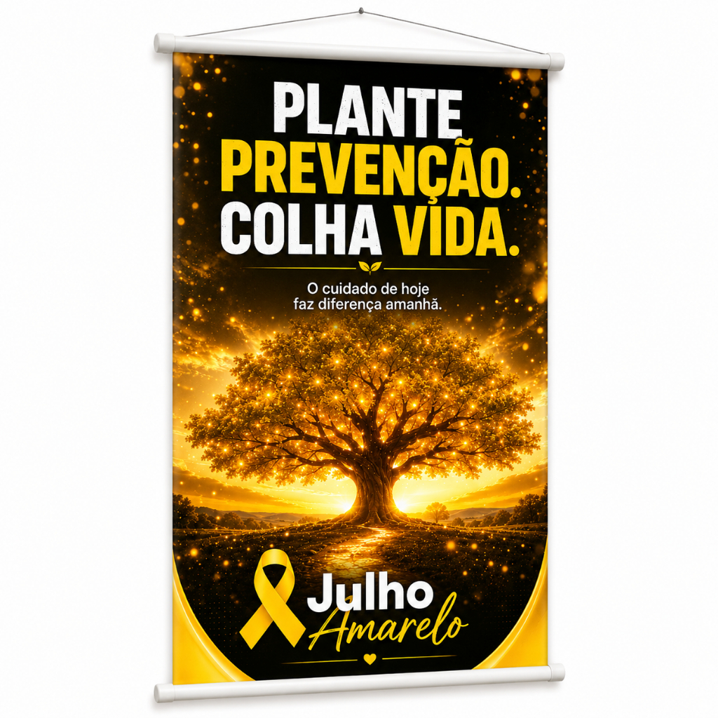 Banner Julho Amarelo Hepatites Virais Conscientização produzido em lona. Cartaz Escola Empresa Hospital Clínica Pub1064