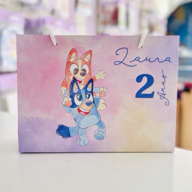 Sacolinha Personalizada Bluey e bingo Menina Aquarela c/ nome e idade | desmontada | Lembrancinha Festa Infantil