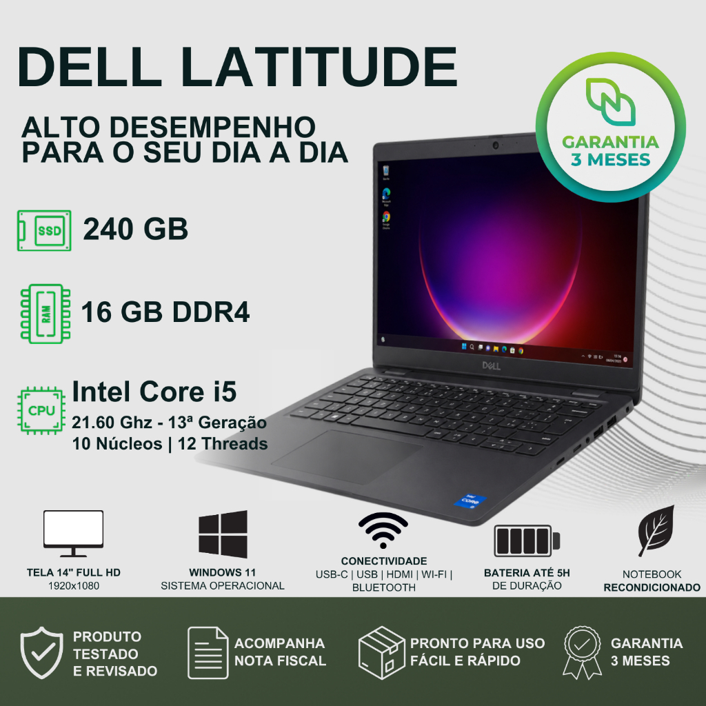 Notebook Dell Latitude 3450 Core I5 13a Ger 16gb 240gb W11 - BOM FUNCIONANDO REVISADO GARANTIA EMPRESA GERENTE TRABALHAR