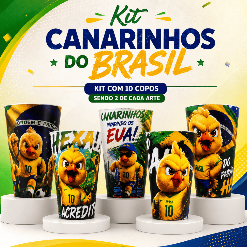 Kit com 10 Copos Eco Label SELEÇÃO BRASILEIRA Canarinhos Brasil Copa Do Mundo 500ml Impressão 360° Full HD