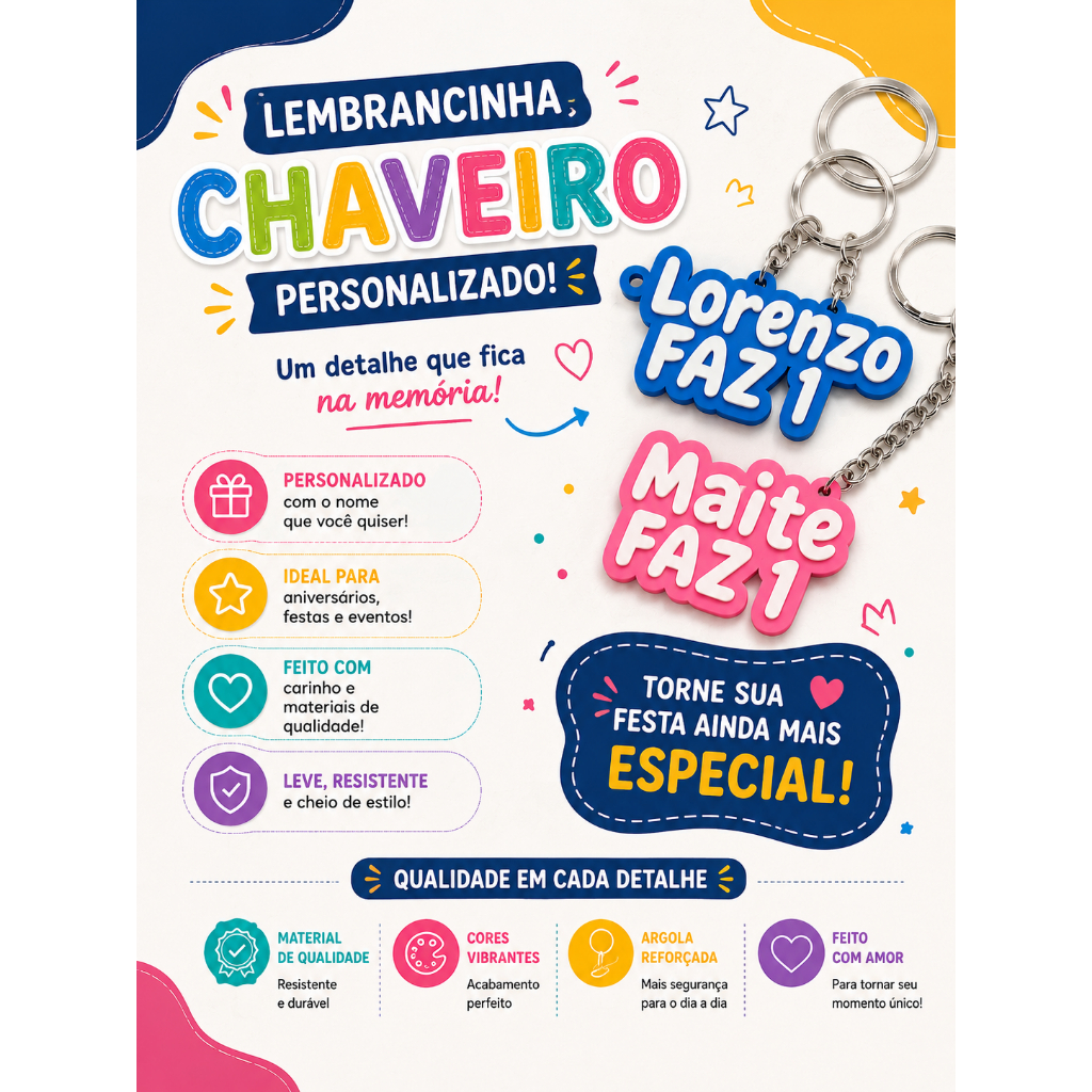 30 CHAVEIROS PERSONALIZADOS COM NOME | LEMBRANCINHA DE ANIVERSÁRIO INFANTIL