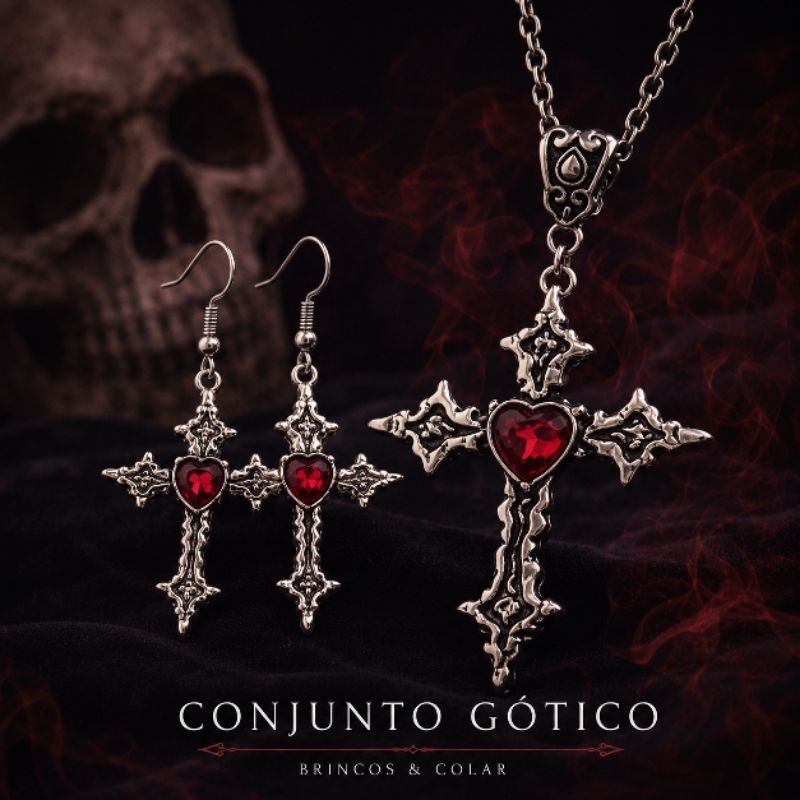 colar vintage aço inoxidável Cruz com Coração no centro estilo vitoriano