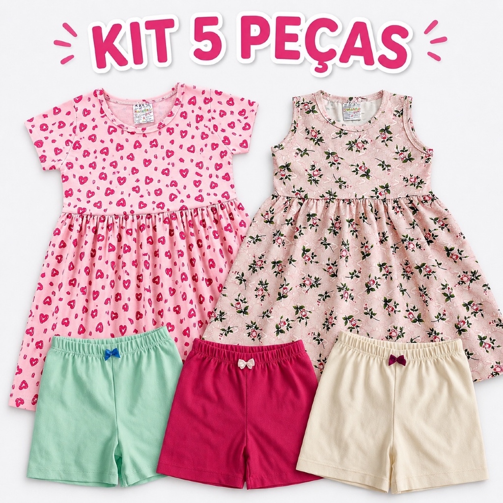 Kit Roupa Infantil Feminina 5 Peças Vestidos e Shorts Menina Bebê Cores Sortidas | Tam 2 ao 10 anos