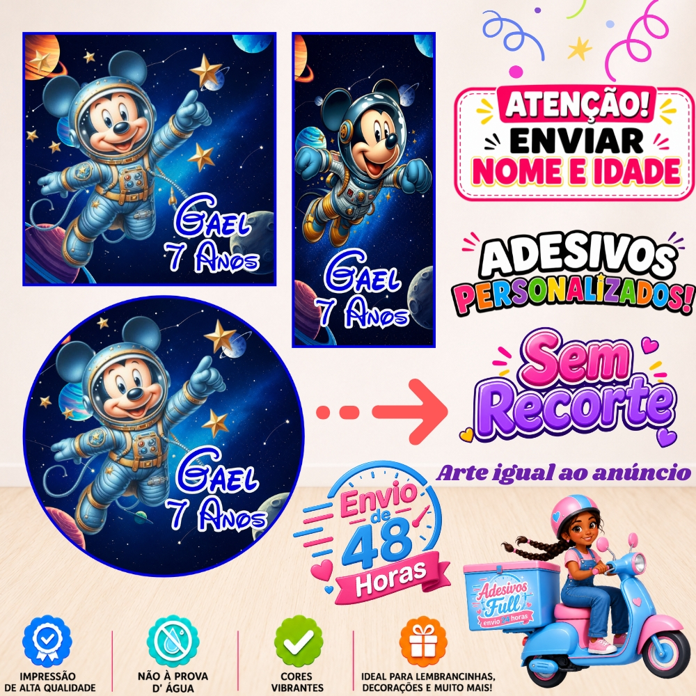 Mickey Astronauta - 100/60/40 Adesivos Personalizados Lembrancinhas Festa Aniversário