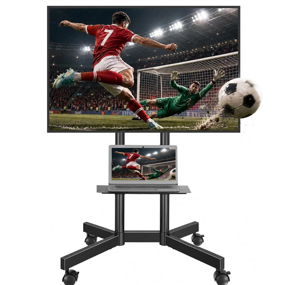Suporte Pedestal de Chão para TV 32 a 75 Polegadas com Rodízios com Trava e Bandeja, Altura Ajustável Universal