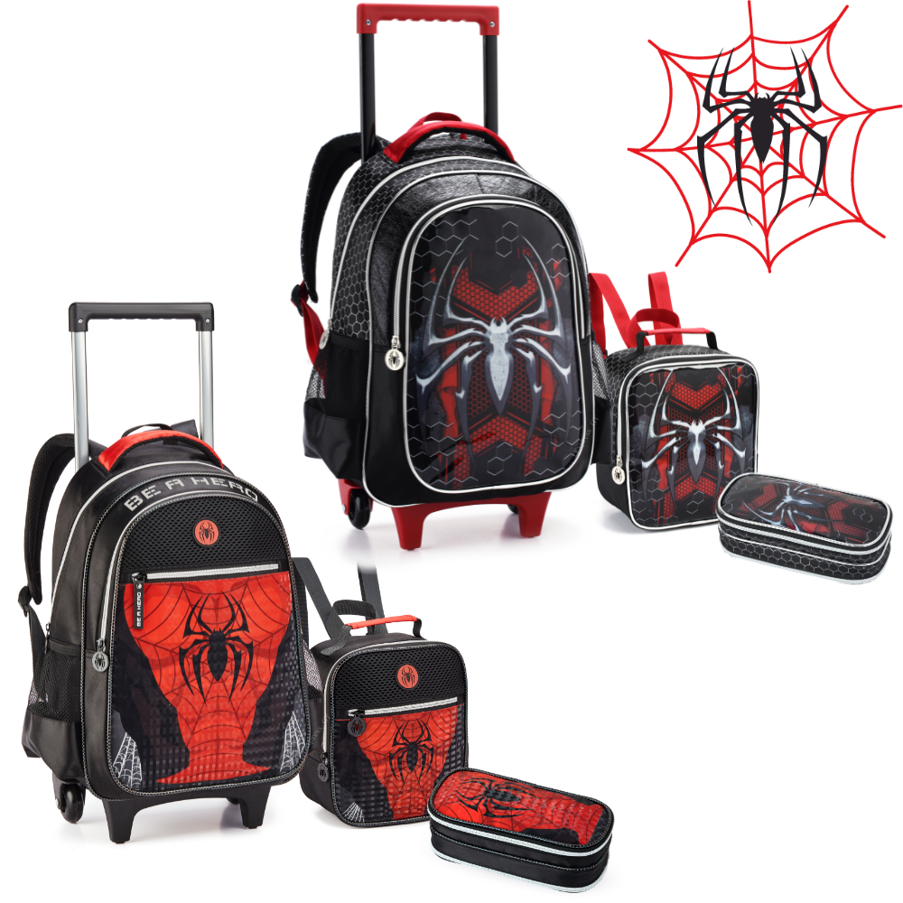 Mochila Infantil Menino Rodinha Spider Aranha Holográfico Escolar Reforçado Com Lancheira Térmica e Estojo Duplo