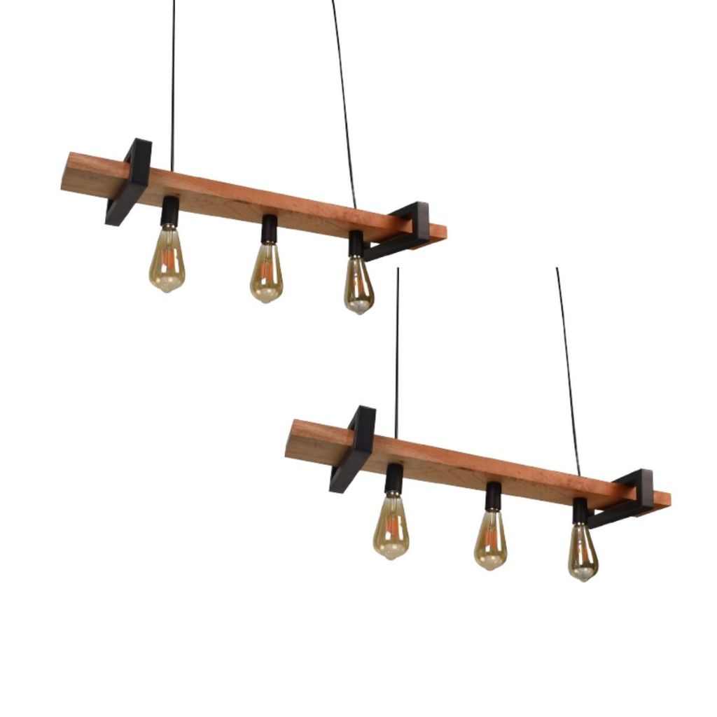 Kit 2 Luminária Pendente Tripla Rústica Artesanal em Metal e Madeira 79cm para 3 Lâmpadas Cedro Rosa