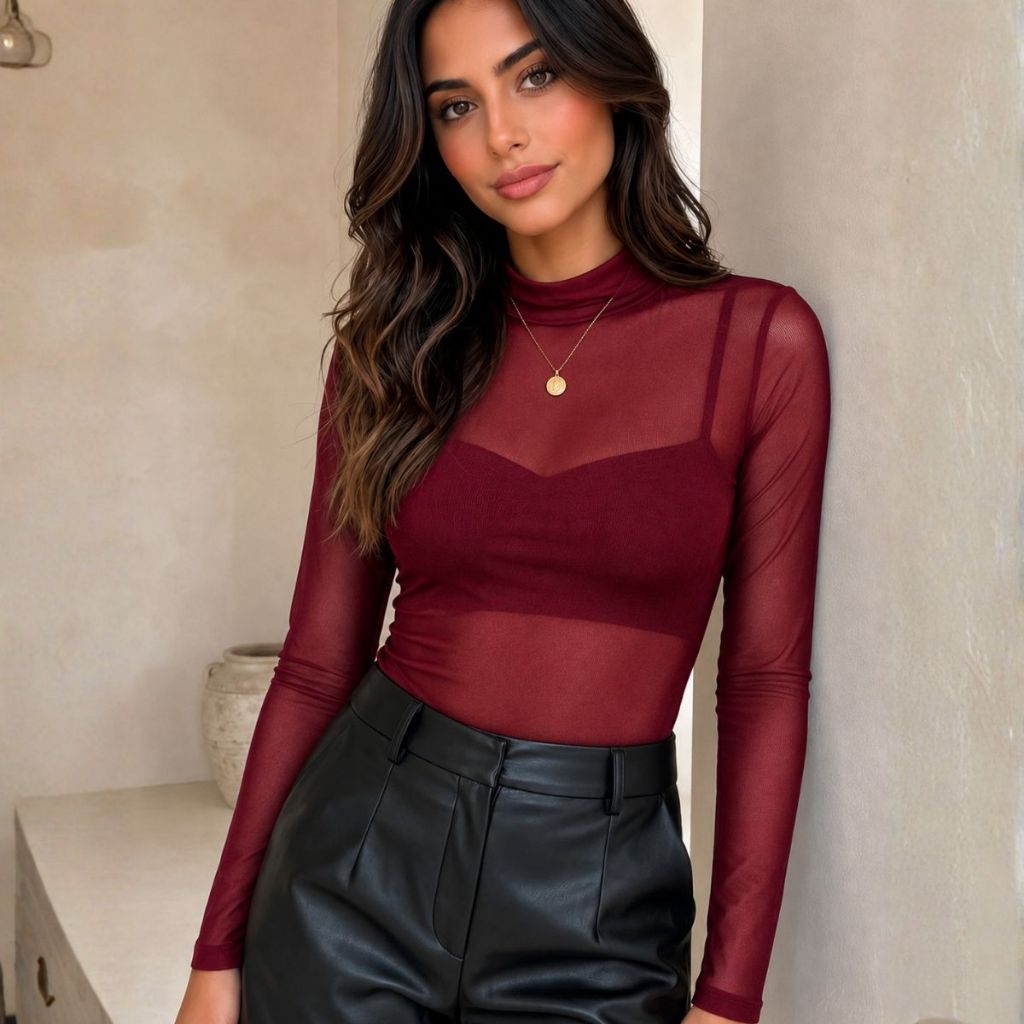 Body Tule Feminino Transparente com Manga Longa Festa Balada Elegante e Estiloso Inverno Tendencia