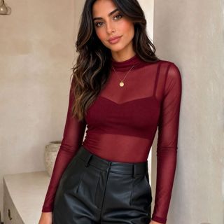 Body Tule Feminino Transparente com Manga Longa Festa Balada Elegante e Estiloso Inverno Tendencia