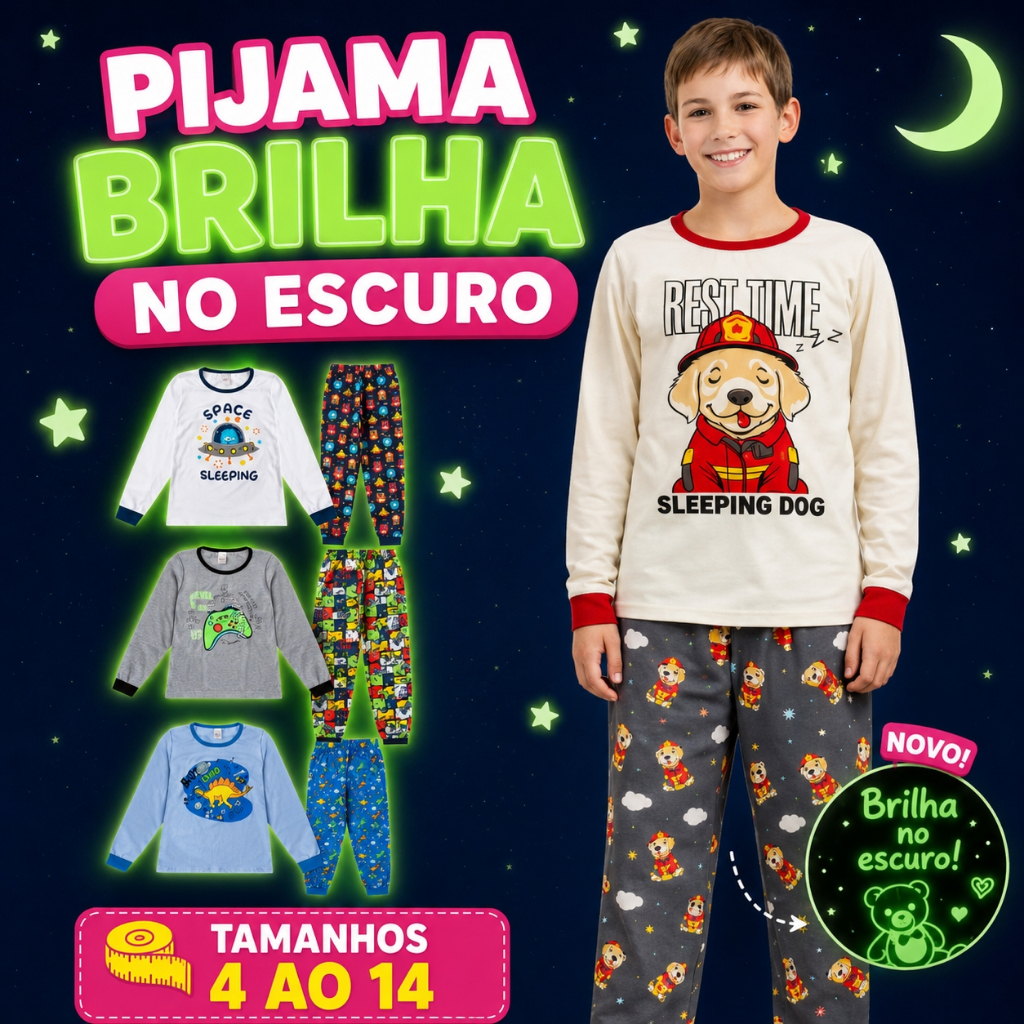Pijama BRILHA NO ESCURO Manga Longa Frio Inverno Bebê Menino Sortido Conjunto Infantil 100% Algodão