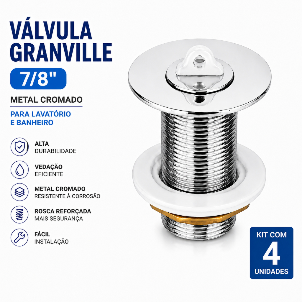 Válvula Granville 7/8" Metal Cromado | Kit 4 Unidades | Para Lavatório e Banheiro | Anti Vazamento | Alta Durabilidade
