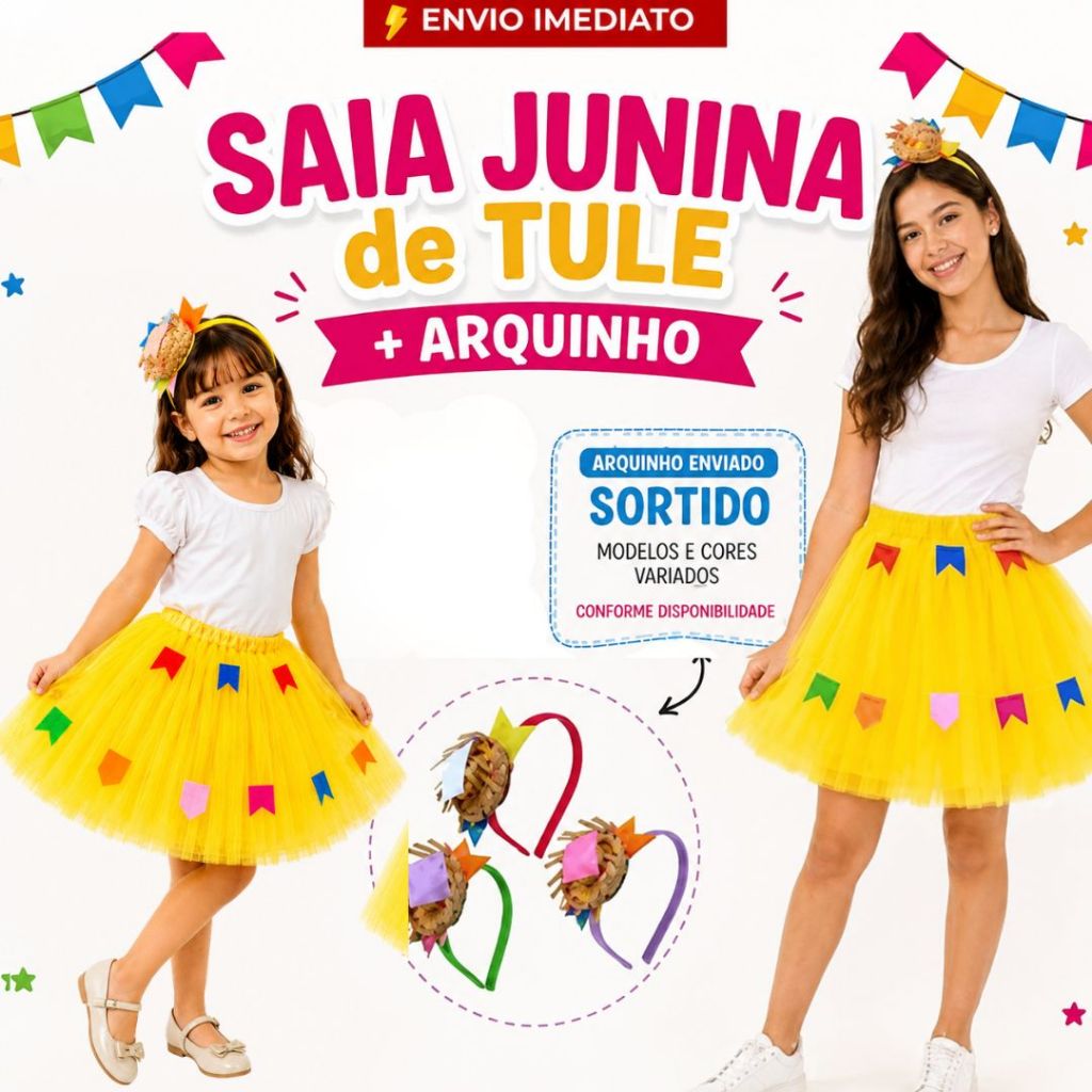 Saia Junina Infantil Tule Bandeirinhas Amarela Com Arquinho Tiara Festa Junina Sortidos