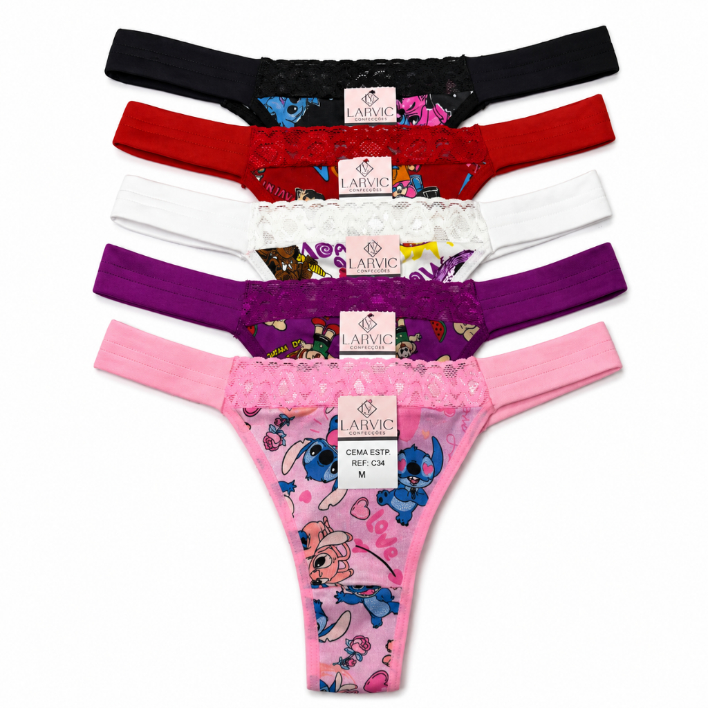 kit 5 calcinhas pala com renda estampada lingerie feminina tanga poliéster C34