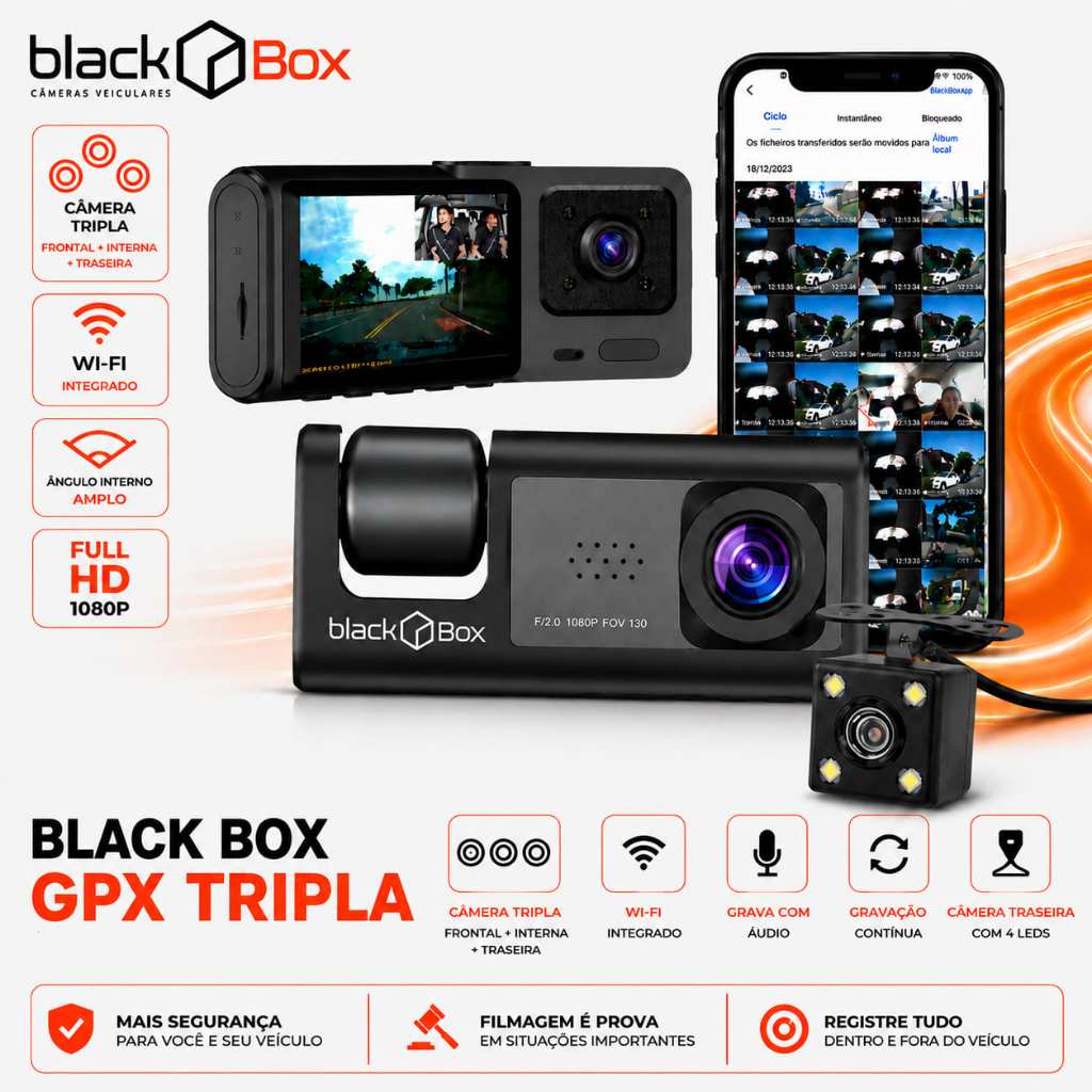 Black Box GPX Tripla - Câmera Veicular Tripla Interna Wifi Full HD (Automotiva Carro Uber App)