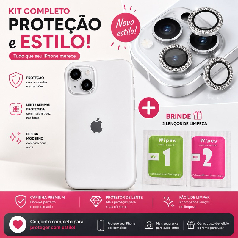 Kit 2 em 1 para iPhone – Capinha Silicone + Protetor de Lente