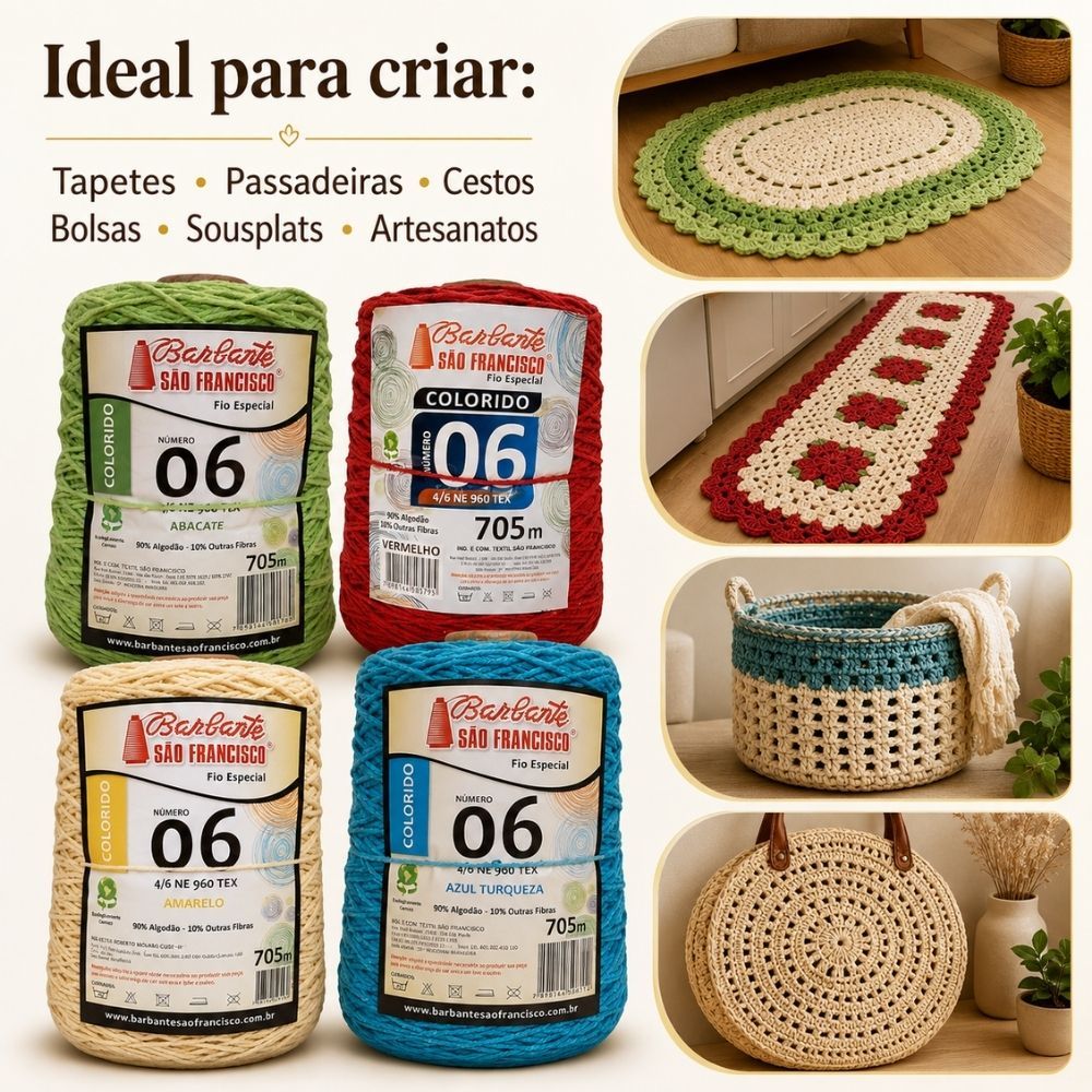 Barbante Colorido N°06 Cone De 705m (690g) Linha de Crochê de tapetes, caminhos de mesas e souplást.