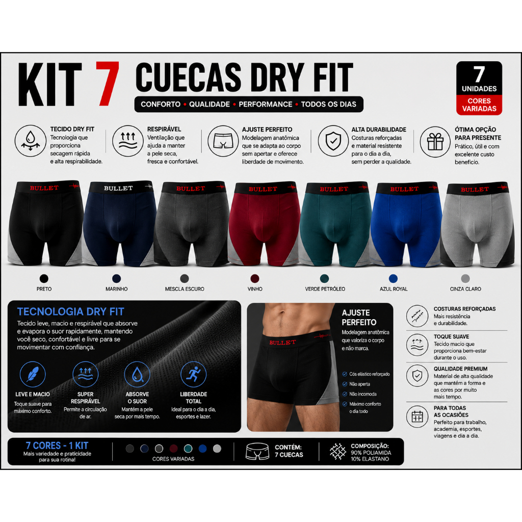 Kit com 7 cuecas Dry Fit, leves, confortáveis e de secagem rápida. Mais praticidade e conforto para todos os dias. 👌✨