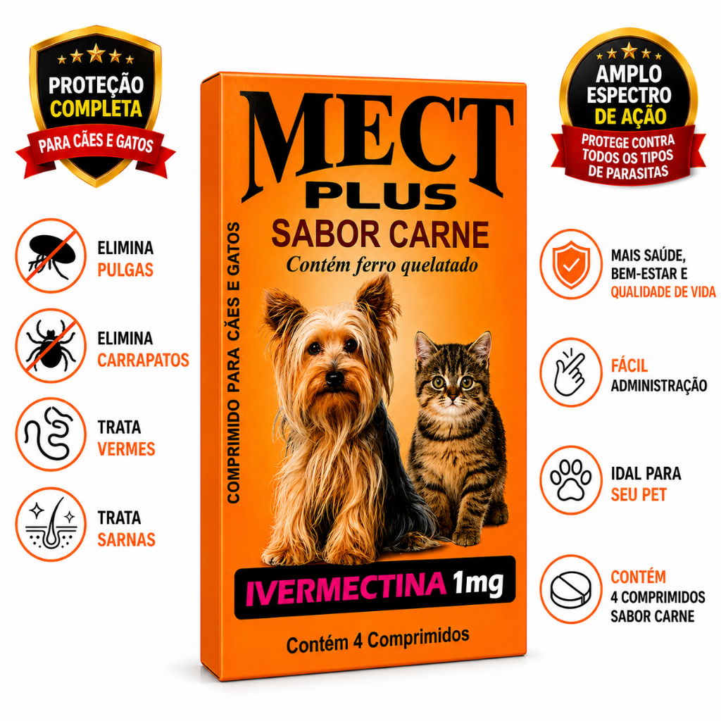Antipulgas Carrapatos Sarna Vermífugo Ivermectina Mect Plus Cães Gatos 2,5 a 60kg Adultos e Filhotes
