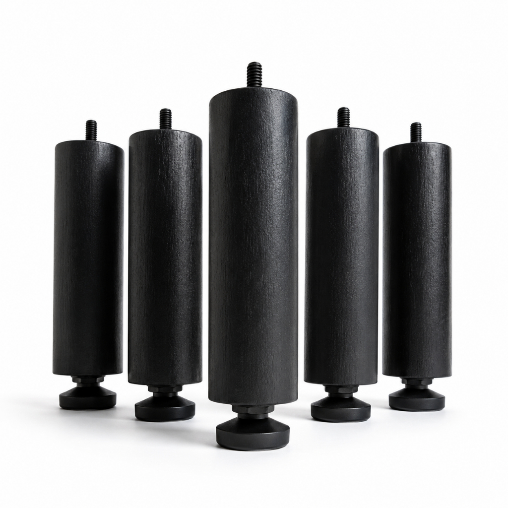 Kit 6 Pés de Madeira Reguláveis 15cm Para Cama Box e Piso Irregular Rosca 5/16 Preto
