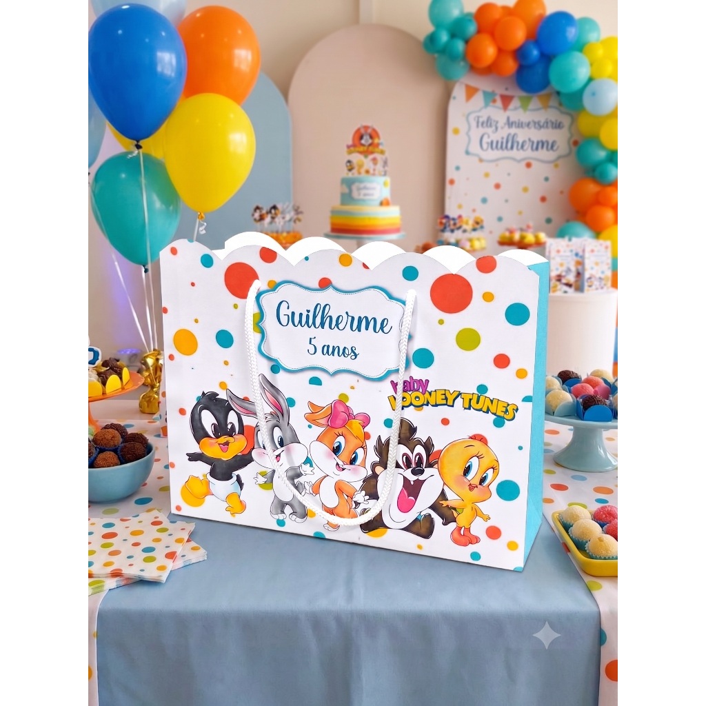 Sacolinhas Personalizadas Lembrancinhas Baby Looney Tunes Menino Festa Chá Aniversário Nuvem Tamanho Grande (20x16x06)
