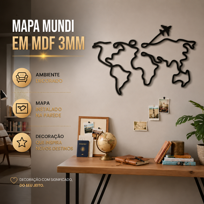 Mapa Mundi  Decorativo MDF3mm | Painel de Parede Vazado Corte a Laser | Decoração Sala Quarto Escritório