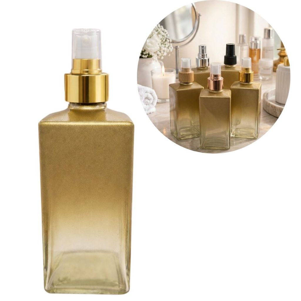 Frasco Square Dourado Degradê 250ml de Vidro para Home Spray – 5 Opções de Válvulas