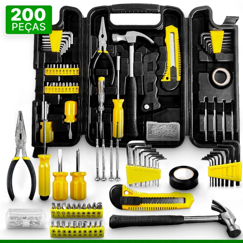 Kit Jogo De Ferramentas Completo 200 Pcs C/Soquetes Chaves Maleta