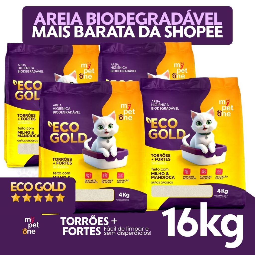 Areia Biodegradável Milho e Mandioca para Gatos Cat Bio Eco Gold Grãos Grossos MyPetOne - 4Kg a 16Kg