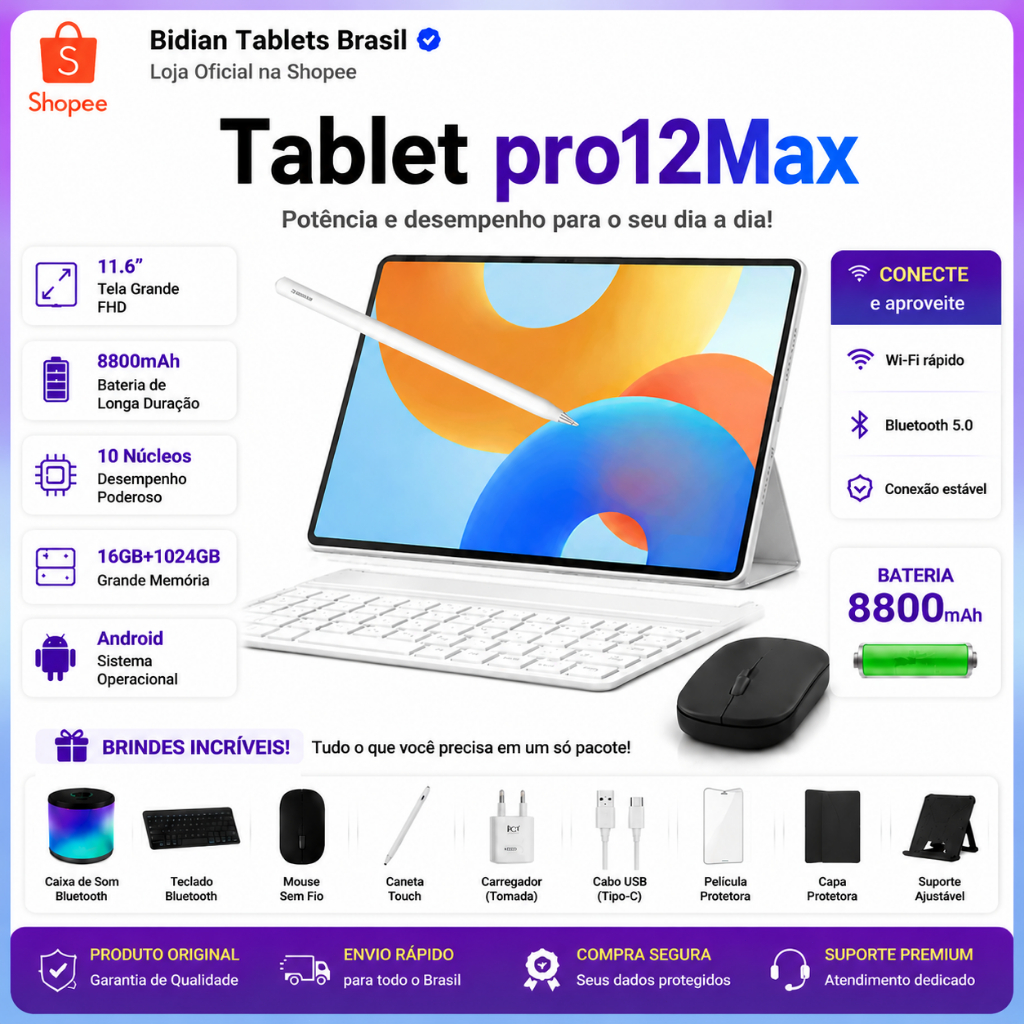 Combo with Keyboard and Mouse Tablet Pro12 Max-11.6"inch 16GB+1024GB Android 15 8800mAh Ideal for Studies and Games