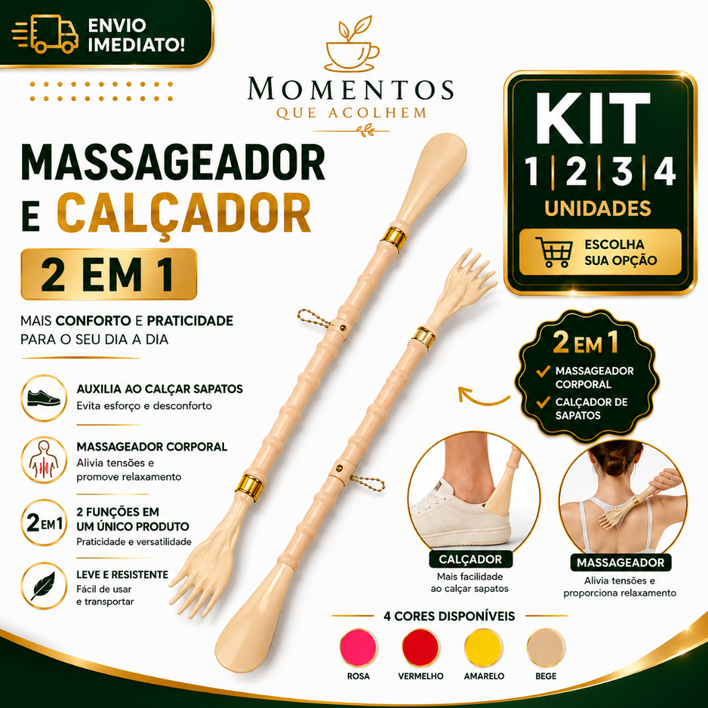 Massageador Corporal 1/2/3/4 e Calçador de Sapatos 2 em 1 Coçador de Costas Longo 47cm