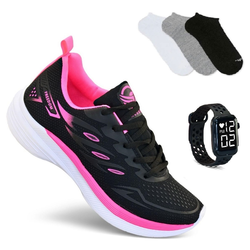 Tenis Feminino + Relogio Smart Watch + 1 Par de Meia Esportivo Corrida Treino Super leve e Macio