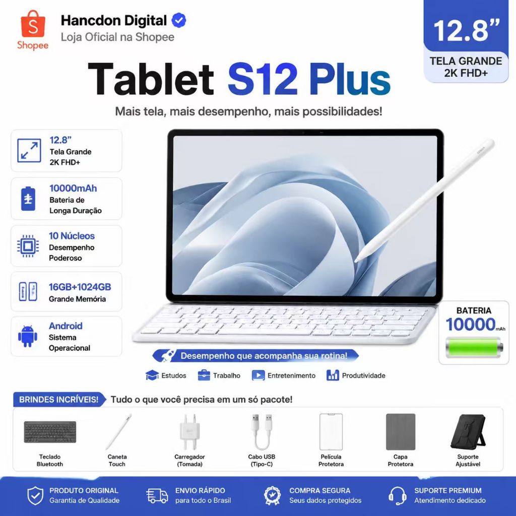 【Free Keyboard and mouse】S12 PLUS Tablet 12.8 Inch 16GB+1024GB 10000mAh Battery Android Tablet 5G