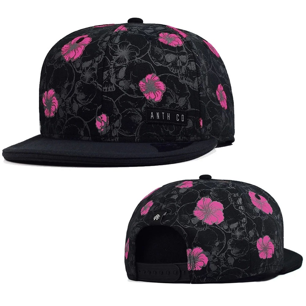 Boné Anth Co. Toten Flores Caveira Preto Rosa Aba Reta Aberto Com Ajuste - SOG