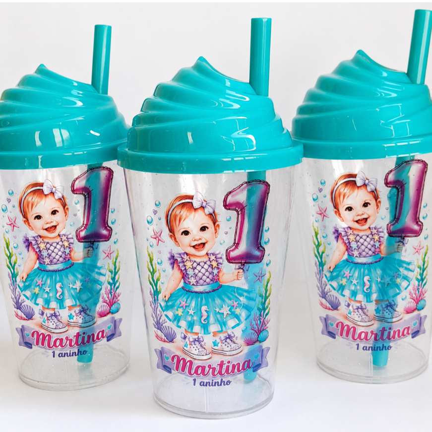 Copos Twister 300ML Personalizado Com Tampas e Canudos Frozen (Qualquer Tema) | Kit 10 a 50 | Festa.