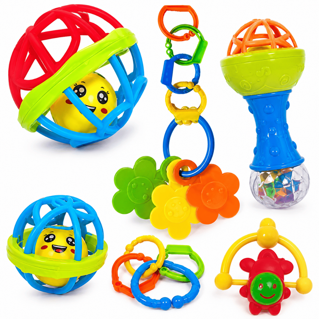 Kit Sensorial Bebê 8 Peças Chocalho Mordedor Educativo Montessori Coordenação Motora Dentição 0-24M