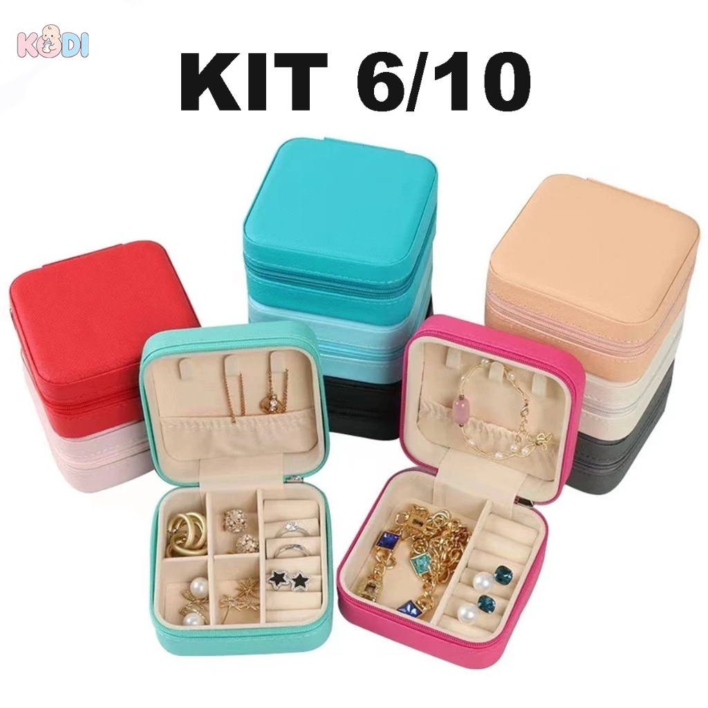 Kit 6/10 Porta Jóias Portátil de Couro Caixa Organizadora Viagem para Anel Brinco Colar Diversas Cores-Q1