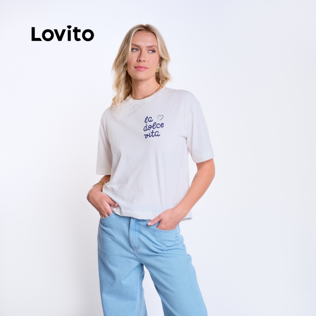 Lovito Camiseta 100% Algodao Casual Oversized Moda Feminina com Estampa La Dolce BRTSB19311961 · foto 2