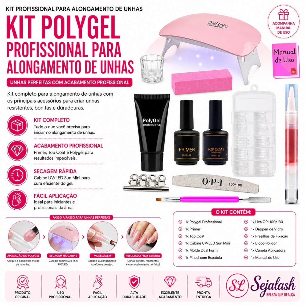 Kit Alongamento De Unhas Completo Molde F1 Lixa Top Coat Primer Cabine Sun Mini Polygel