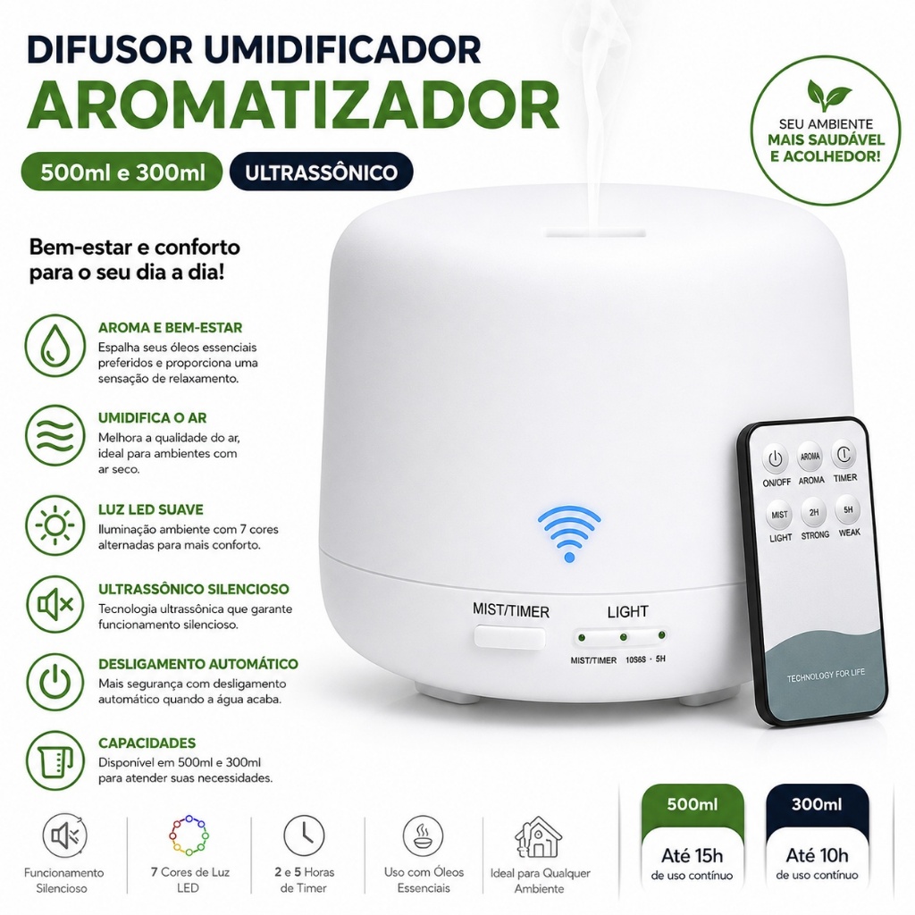 Difusor Aromatizador Umidificador Ultrassônico 500ml 300ml LED 7 Cores Controle Remoto