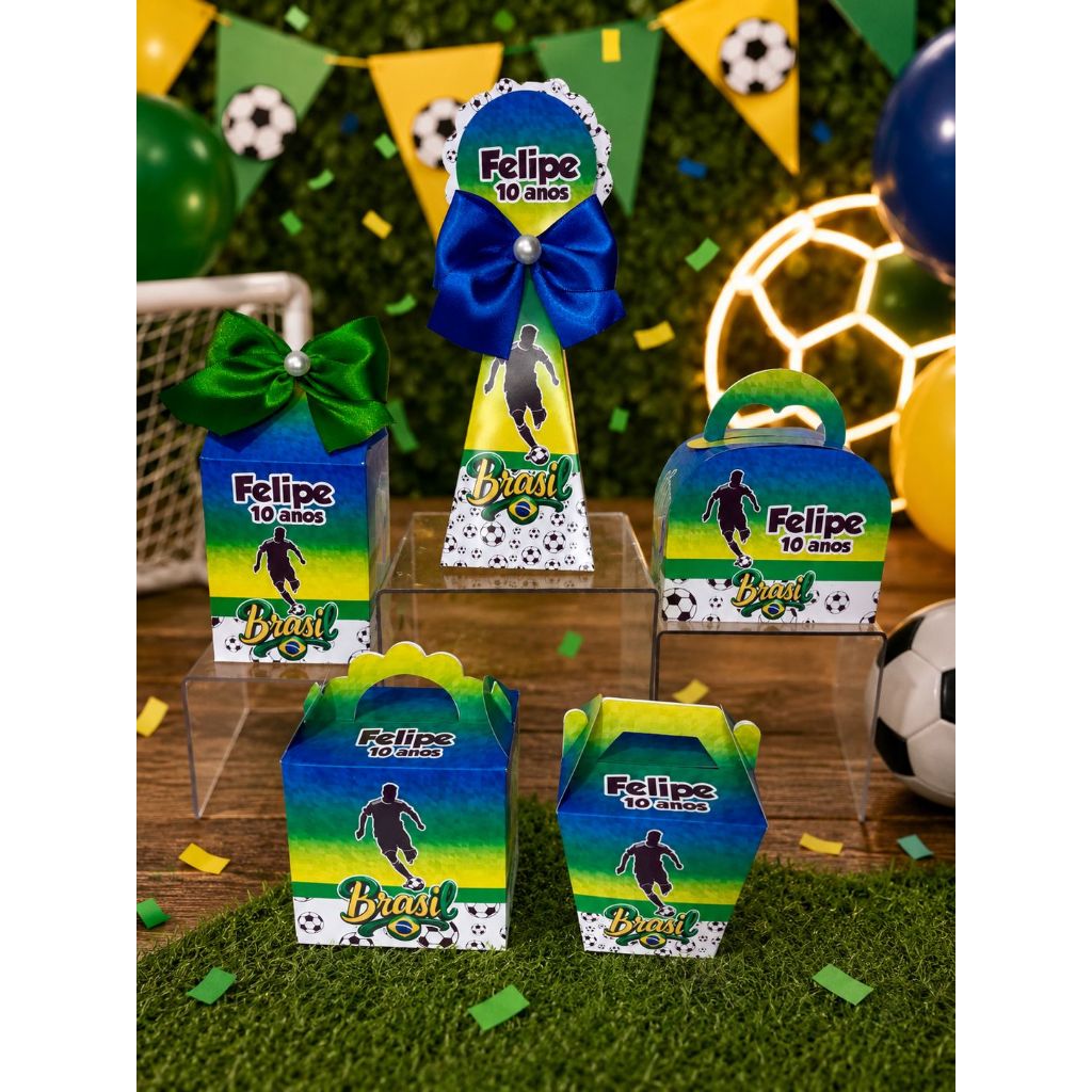 Kit Caixinhas Personalizadas | Brasil Futebol Copa | Festa Infantil | Lembrancinha com nome e idade | PEGUE E MONTE