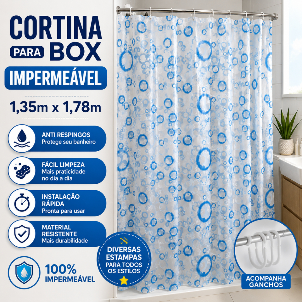 Cortina Para Box Banheiro Impermeável 1,35x1,78m Com Ganchos Cortina Box Vinil Estampada Anti Mofo