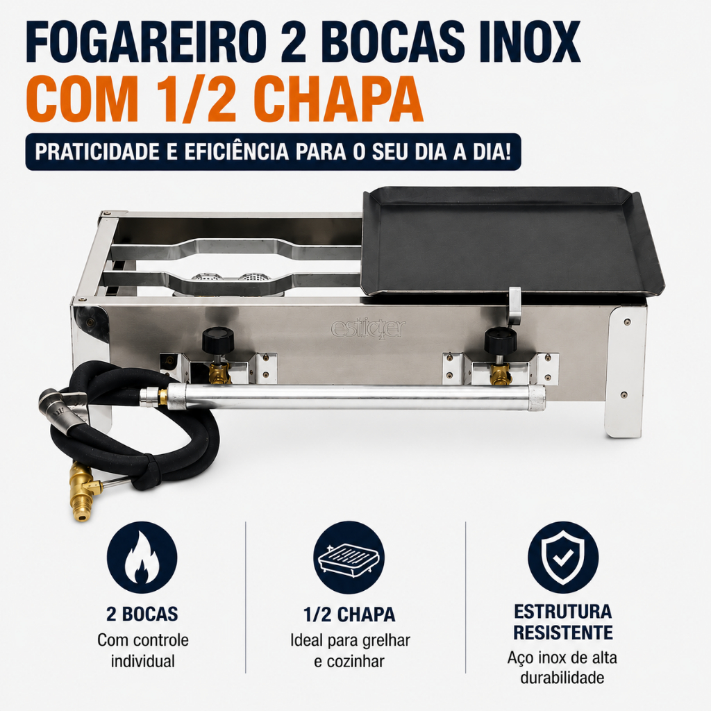 Fogareiro a Gás 2 Bocas Inox Estilofer E004 Portátil Verde Camping Cozinha